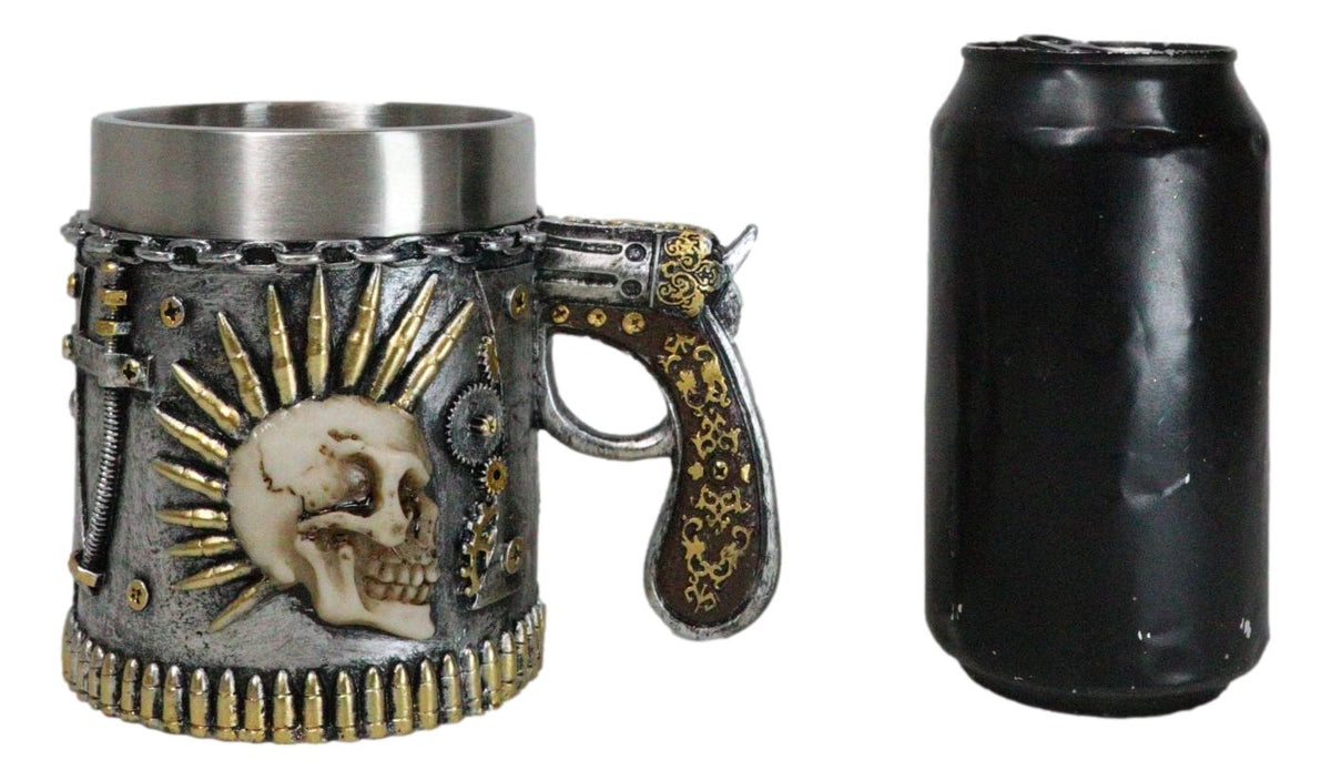 Steampunk Bullets Mohawk Skull War Dog Coffee Mug With Pistol Revolver Handle