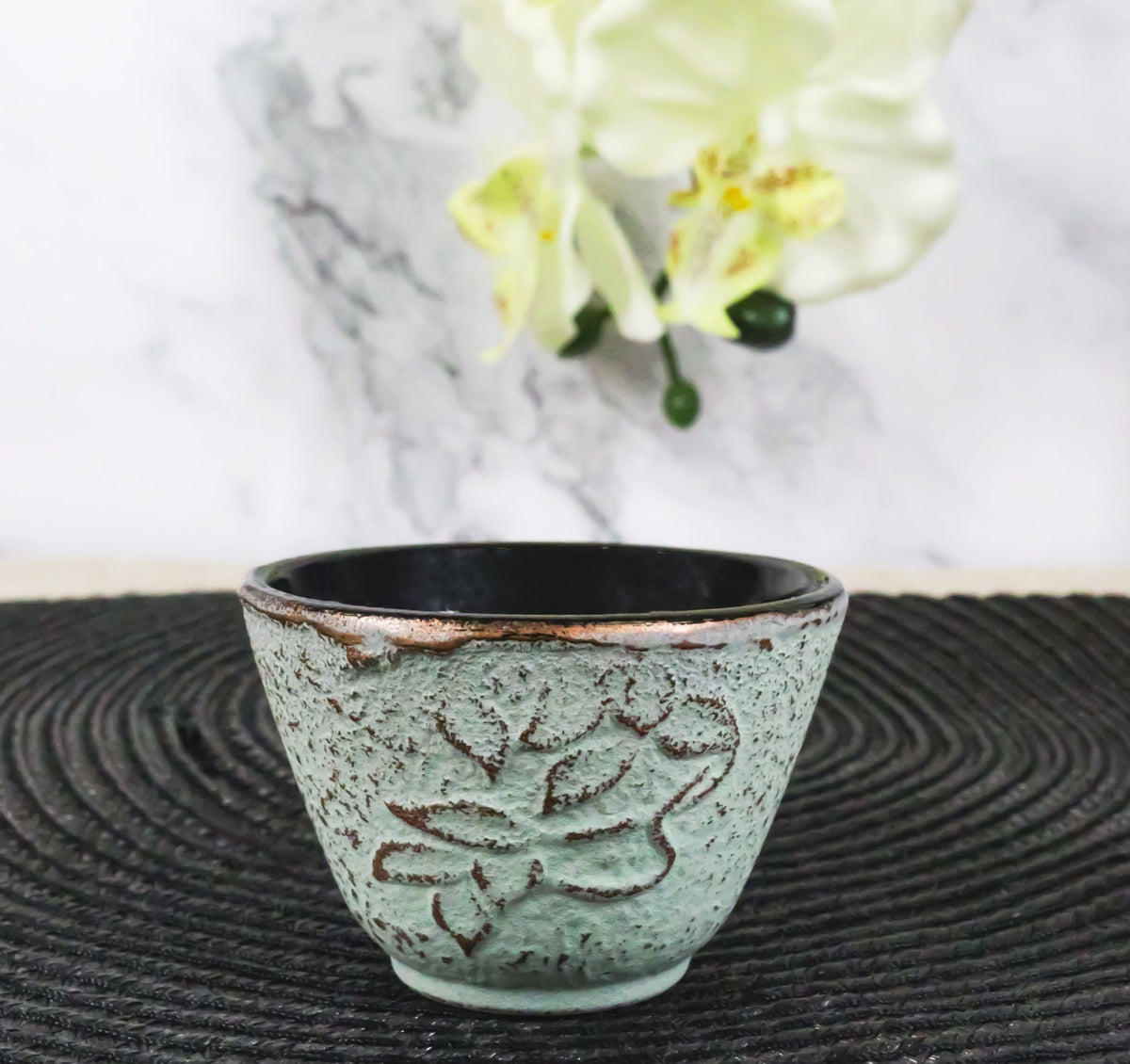 Pack Of 4 Seafoam Green Floral Petals Cast Iron Tetsubin Textured Tea Cups 3oz
