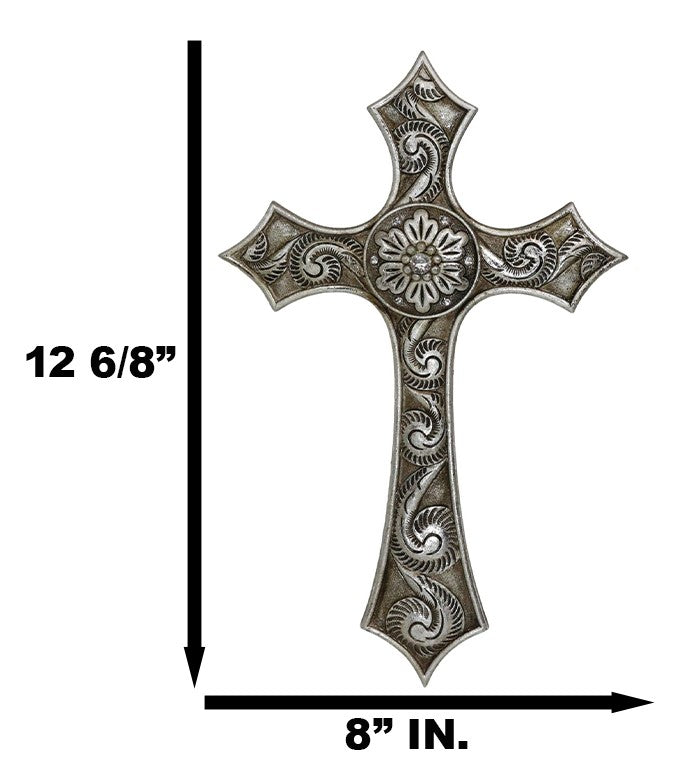 Rustic Western Silver Concho With Ornate Shell Pattern Wall Cross Decor Plaque - Ebros Gift