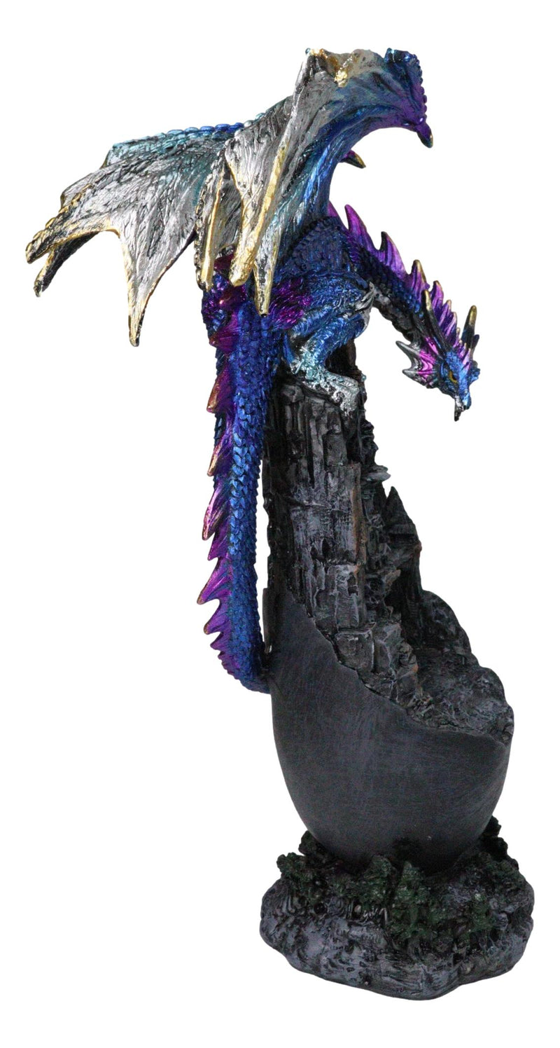 Medieval Blue Dragon Perching On Abandoned Castle Tower Ruins Figurine 12"H