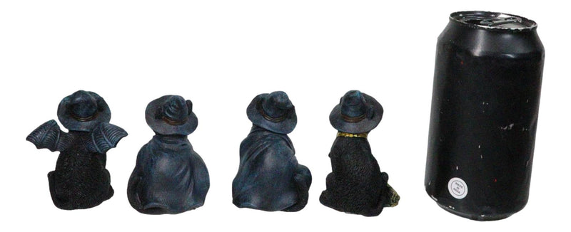 Set of 4 Halloween Black Cats With Witch Hats Broom Pentagram Mini Figurines