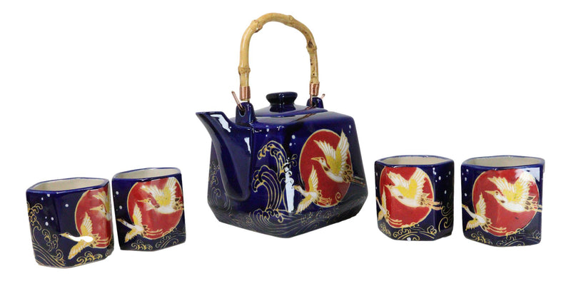 Golden Crane With Red Moon Blue Ceramic Hexagonal Teapot With 4 Tea Cups Set