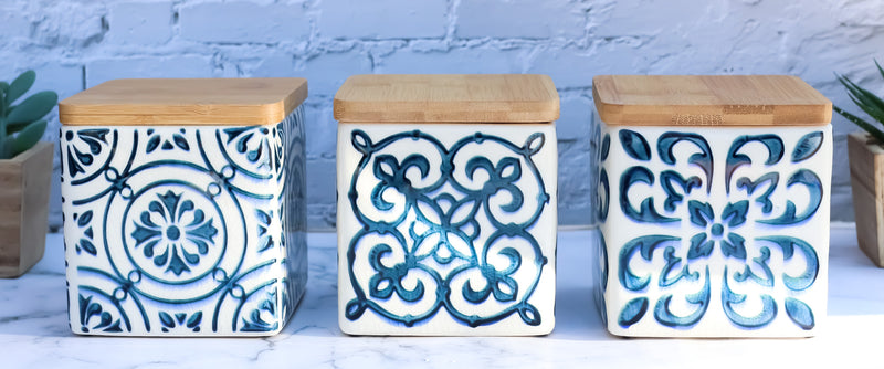 Set of 3 Ceramic Blue And White Tuscany Tiles Canister Storage Jars Bamboo Lid