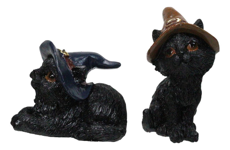 Set of 12 Halloween Black Cats With Witch Hats Mini Figurines In Multi Poses