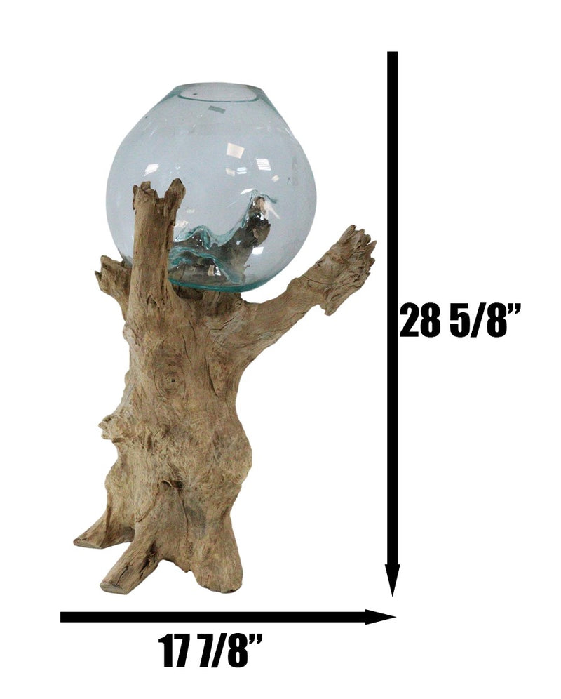 Large 28"H Bali Handicraft Driftwood With Molten Glass Bowl Vase Aquarium Decor