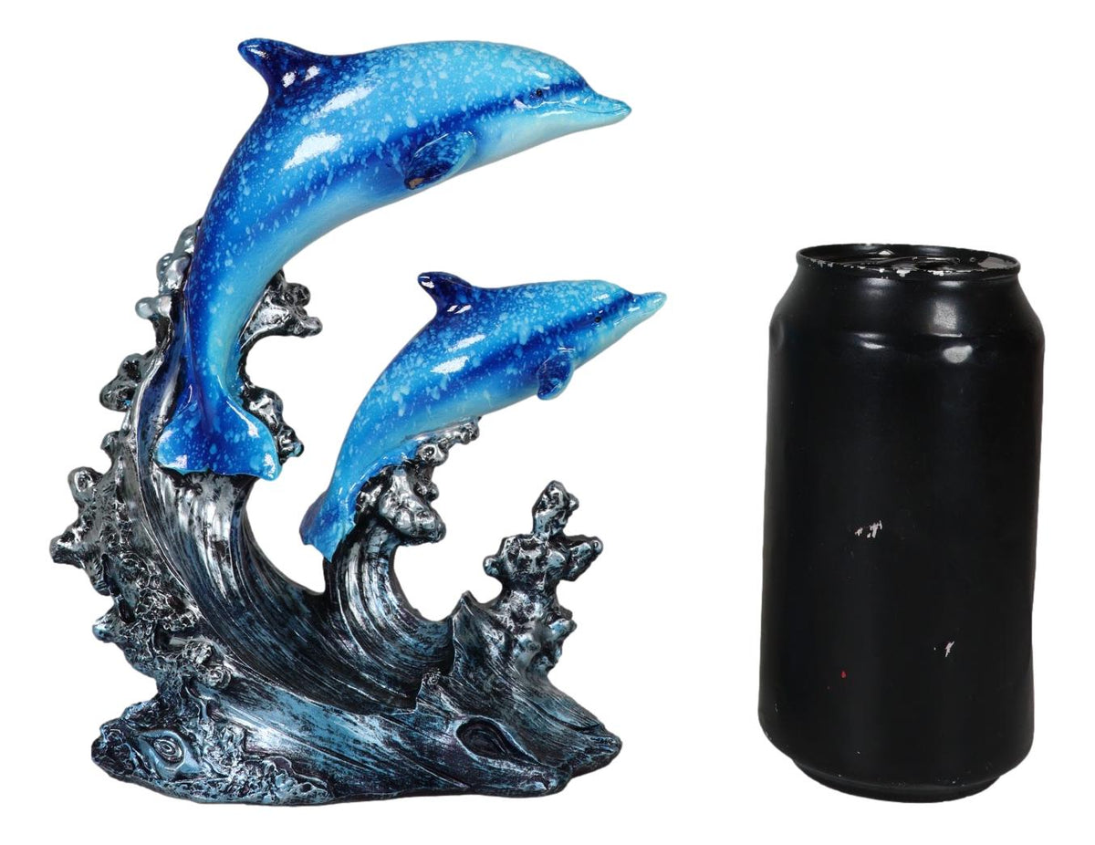 Nautical Marine Sea Ocean 2 Blue Dolphins Swimming Over Reef Waves Figurine - Ebros Gift
