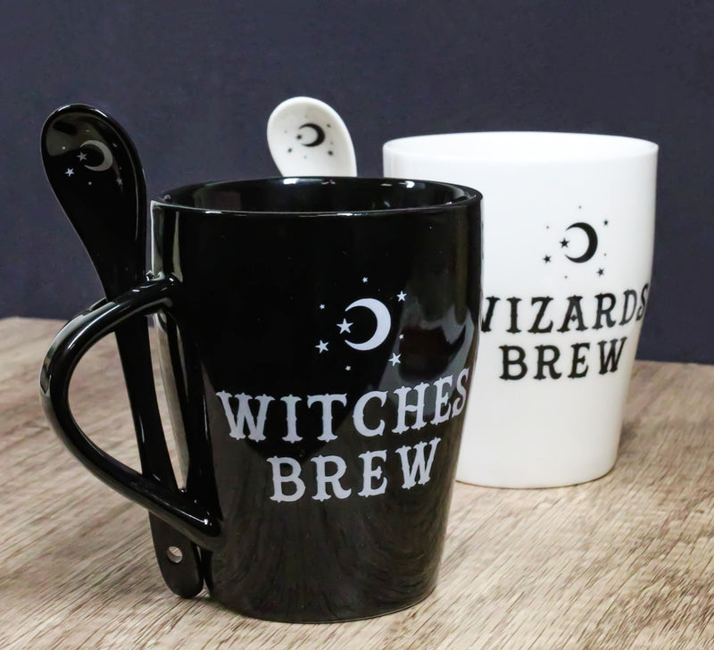 Set Of 2 Wicca Moons Black Witches And White Wizards Brew Cup Mugs And Spoons