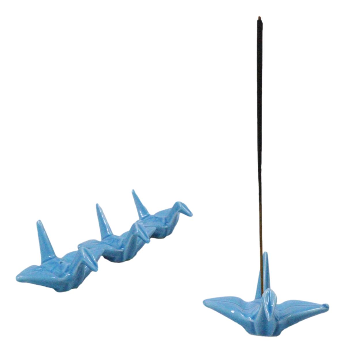 Ebros Set of 4 Ceramic Blue Japanese Origami Crane Incense Stick Holders