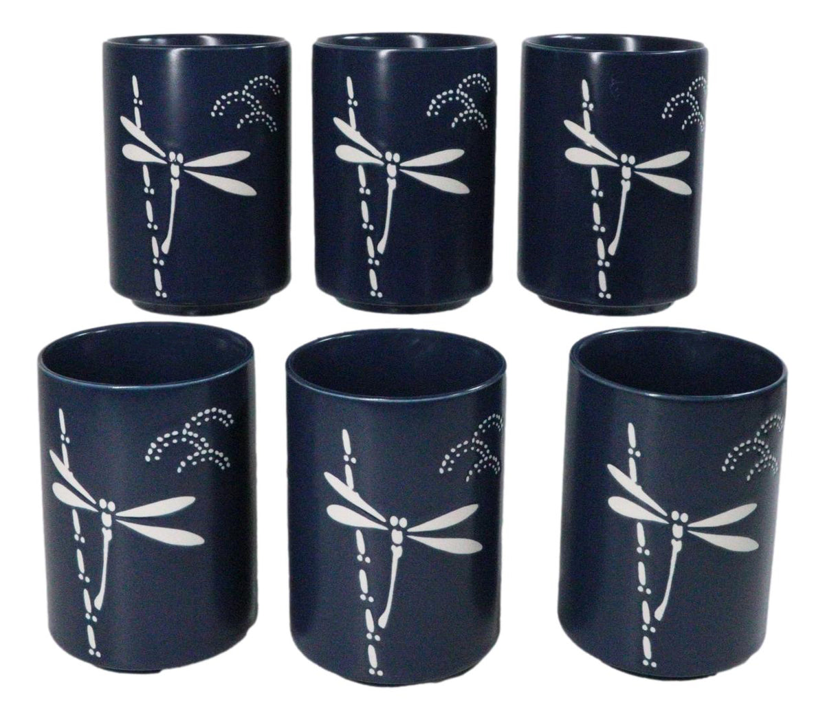 Blue Dragonfly Yunomi Japanese Tea Cups Set of 6 Reactive Glaze Ceramic 10 oz