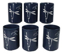 Blue Dragonfly Yunomi Japanese Tea Cups Set of 6 Reactive Glaze Ceramic 10 oz
