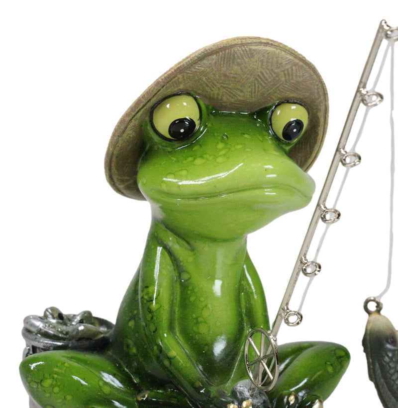 Catch of The Day Green Frog Rod Fishing And Wearing Fisherman Hat Figurine
