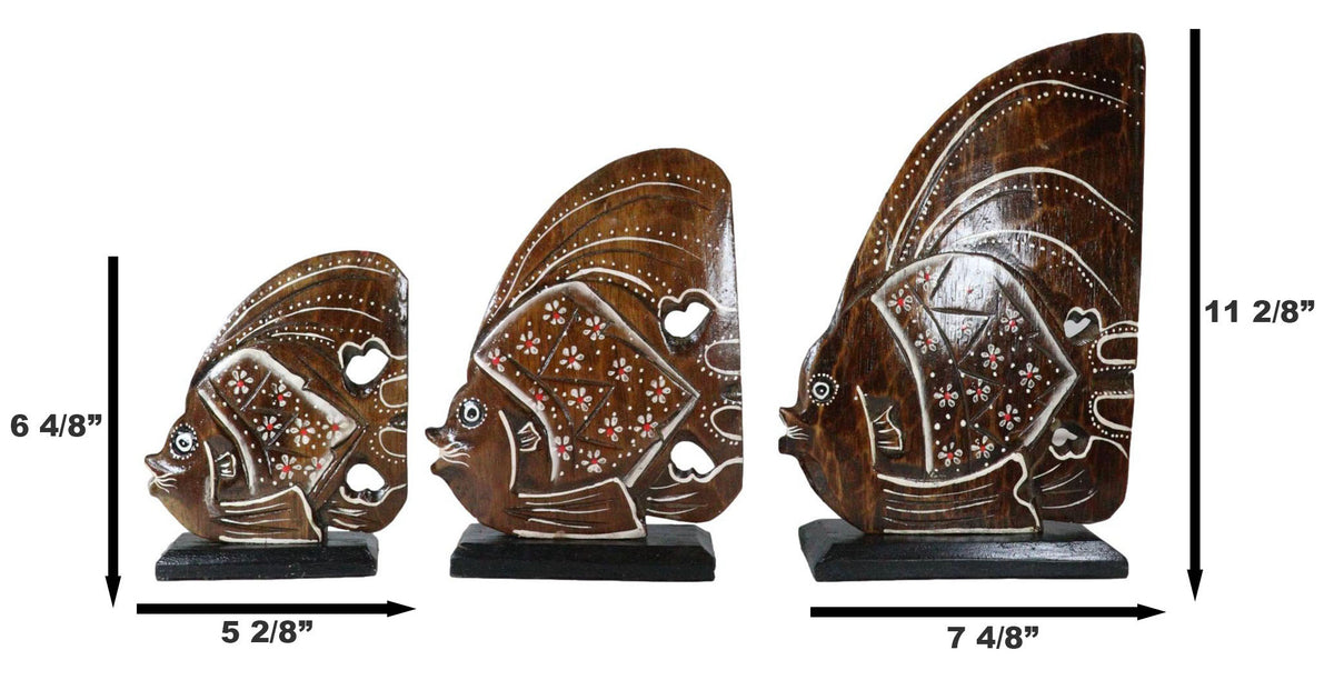 Balinese Wood Handicrafts Tropical Floral Angel Fish Family Set of 3 Figurines