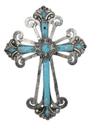 Southwest Silver French Fleur De Lis Crystals Turquoise Layered Wall Cross Decor