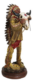 Indian Tribal Warrior Chief with Roach Headdress Holding Ox Cow Skull Figurine