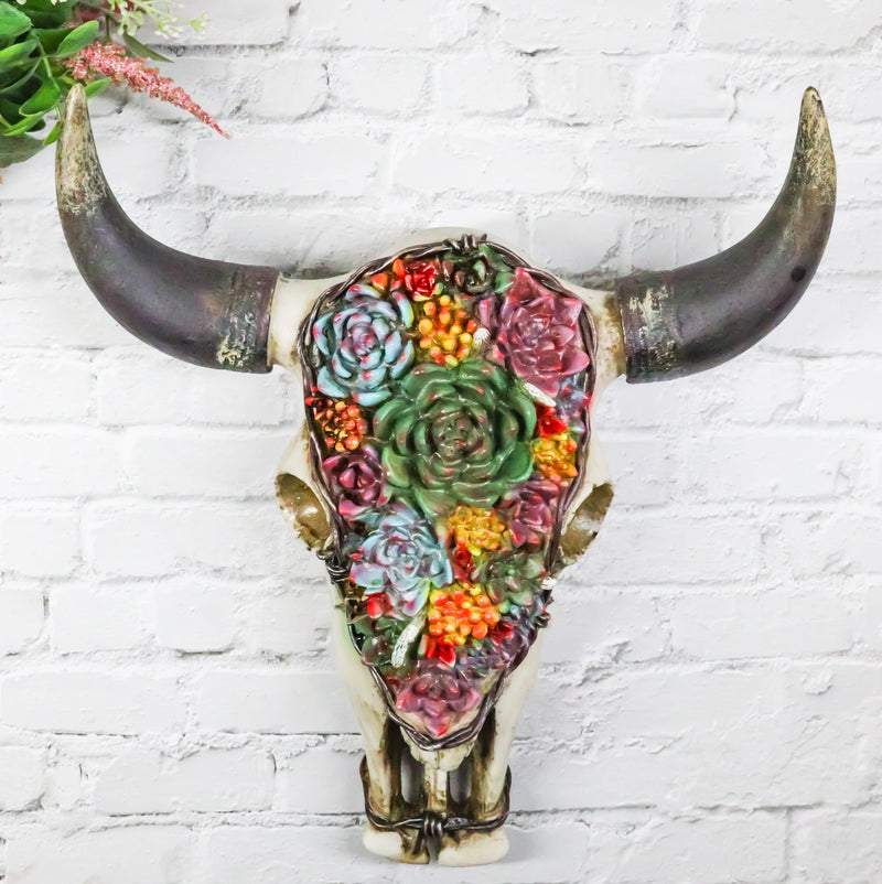 skull with succulents Rustic Southwest Bull Cow Skull With Floral Cactus Succulents Wall Dec– Ebros Gift