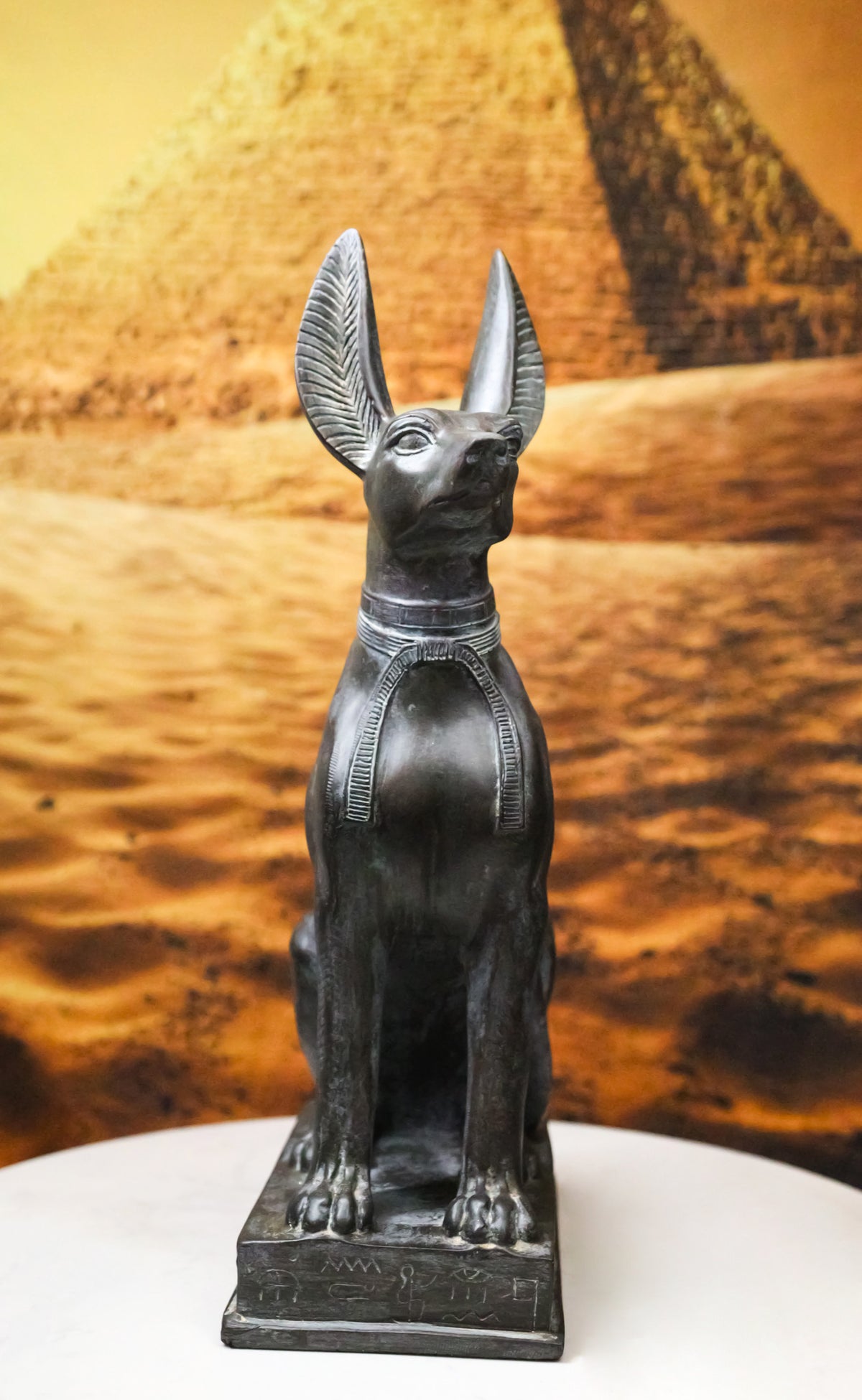 Ancient Egyptian Sitting Anubis in Jackal Dog Statue With Hieroglyphs Base 14"H