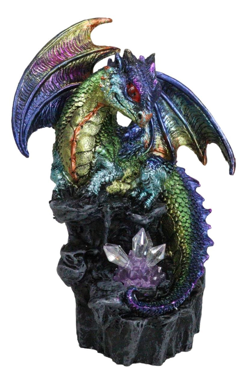 Green Blue Gold Galaxy Baby Dragon On Faux Geode LED Crystals Rock Figurine