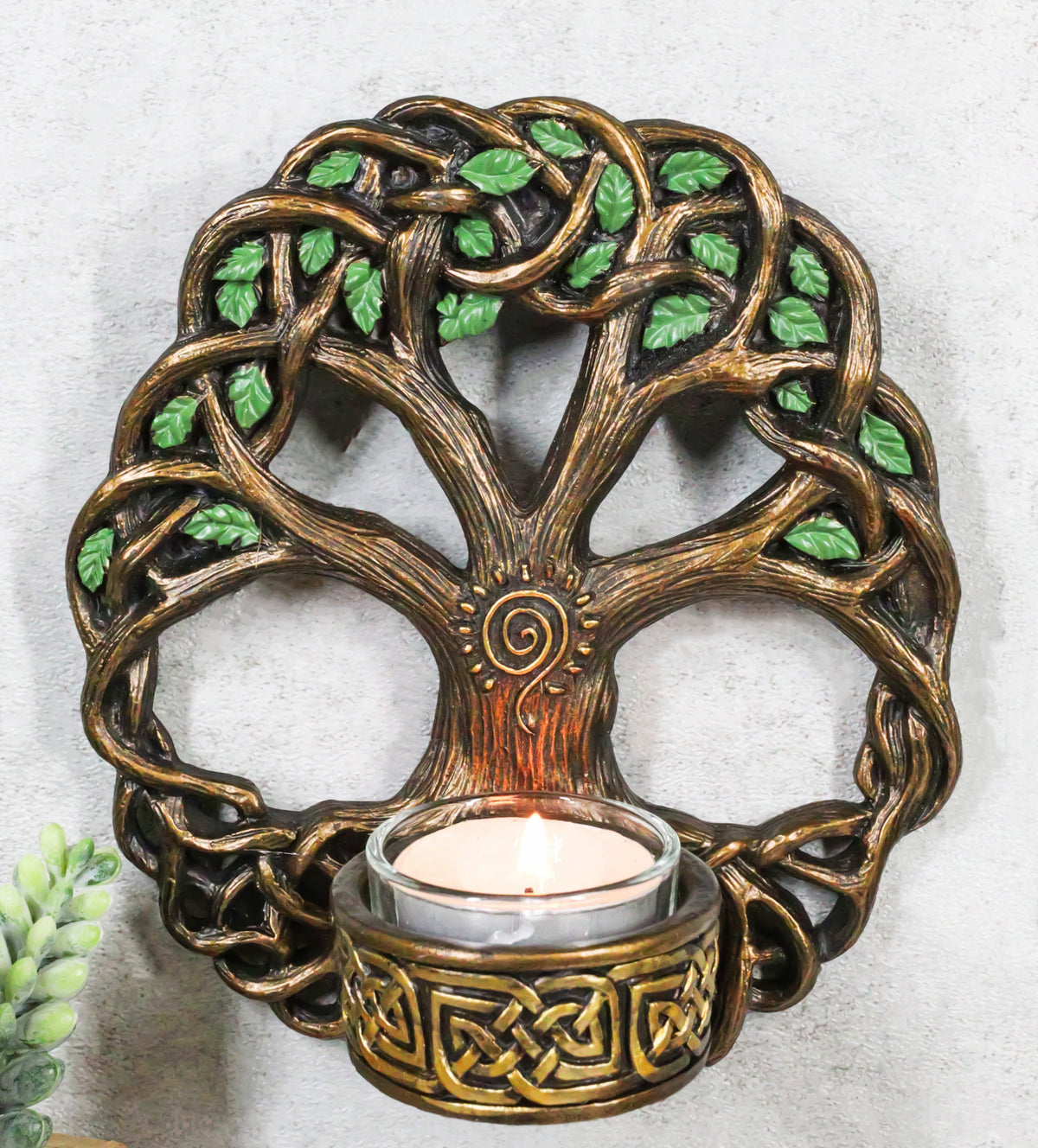 Wiccan Celtic Knotwork Tree Of Life Votive Candleholder Wall Sconce Plaque Decor - Ebros Gift