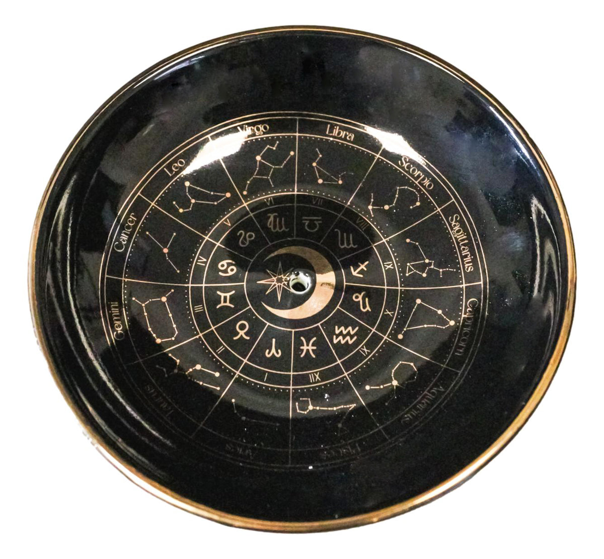 Wicca Black Astrology Wheel Round Incense Stick Burner Or Trinket Ceramic Dish
