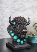 Rustic Western Buffalo Bust Figurine with Turquoise-Style Neck Ornaments & Horns