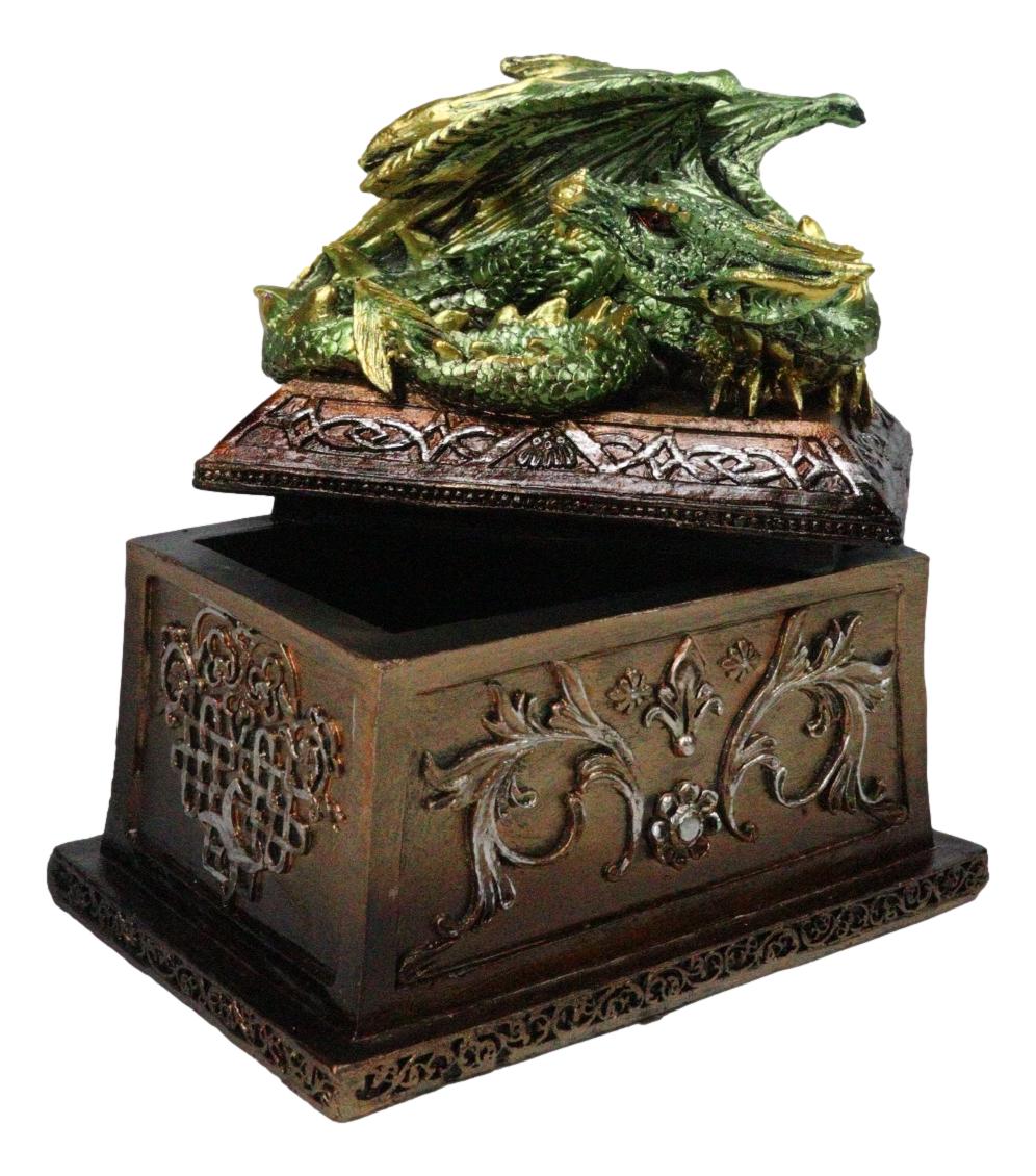 Medieval Fantasy Metallic Green Dragon Decorative Trinket Treasure Box Figurine