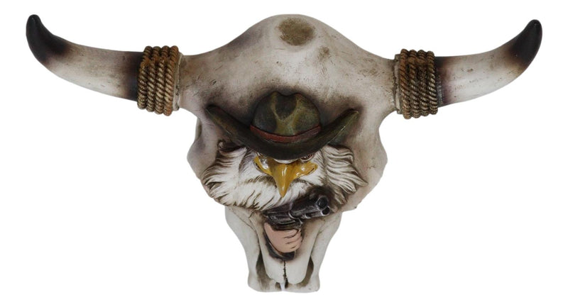 Rustic Western Eagle Cowboy With Gun Horned Ropes Cow Skull Wall Decor Plaque