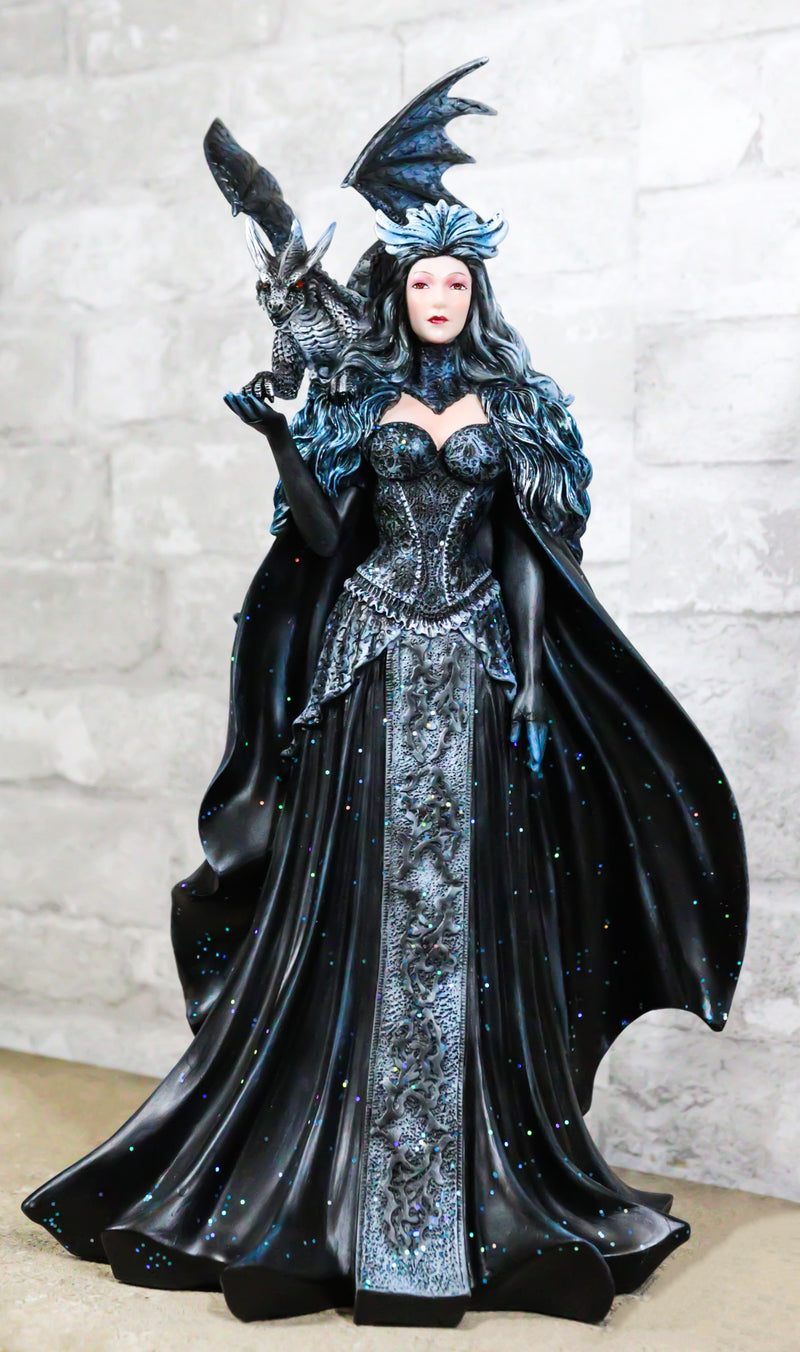 Large Gothic Necromancy Black Dragon Witch Dark Queen In Long Gown Statue