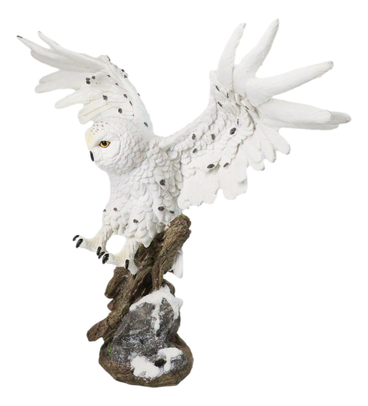 Winter Snowy Owl with Outsretched Wings on Snow-Covered Tree Stump Statue 14"H