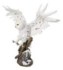 Winter Snowy Owl with Outsretched Wings on Snow-Covered Tree Stump Statue 14"H