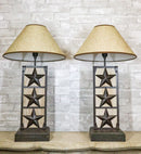 Set of 2 Rustic Western Triple Lone Stars Wood And Metal Bedside Table Lamps