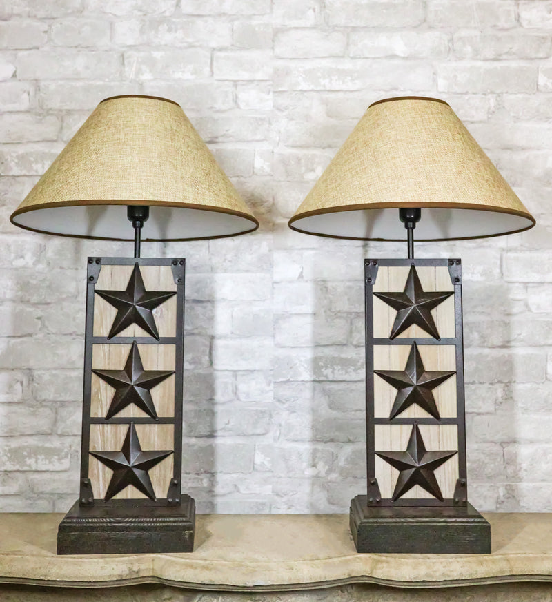 Set of 2 Rustic Western Triple Lone Stars Wood And Metal Bedside Table Lamps