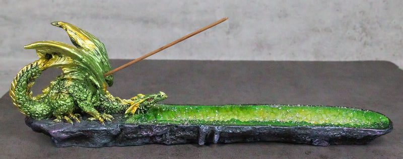 Metallic Green Gold Dragon Crouching On Faux Crystal Geode Basin Incense Holder
