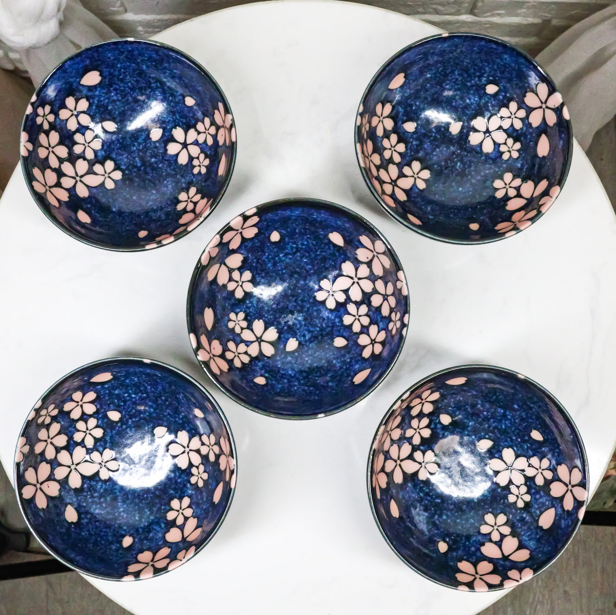 Pack Of 5 Blue Japanese Hasui Sakura Cherry Blossom Ceramic Large Rice Bowls