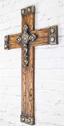 Rustic Western Faux Wood Grain With Layered Silver Scroll Crystals Wall Cross
