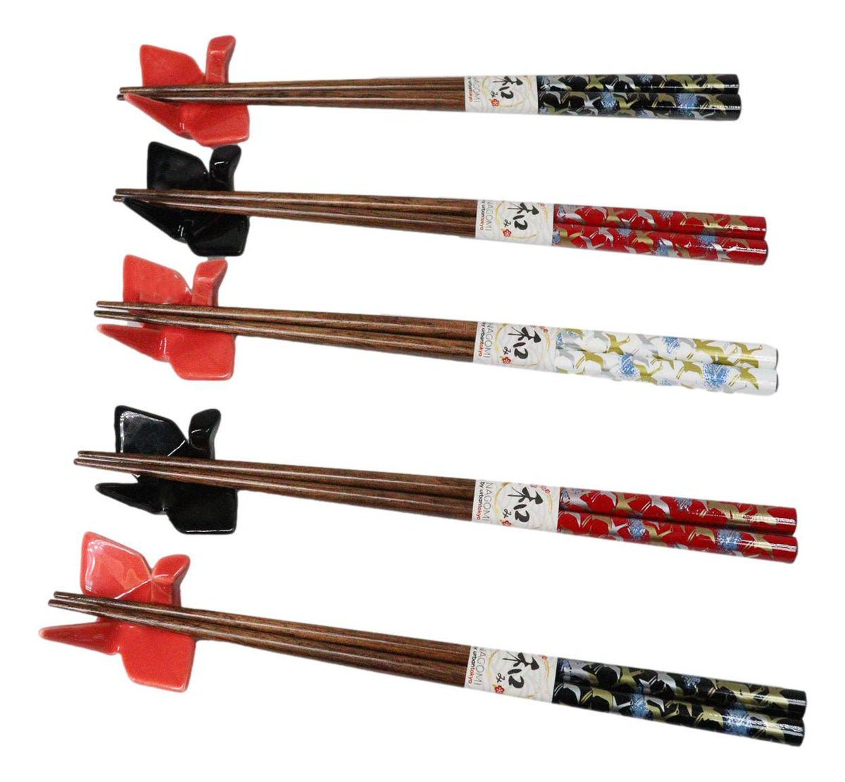 5 Pairs Of Red Black Japanese Cranes Ceramic Rests With Wooden Chopsticks Set