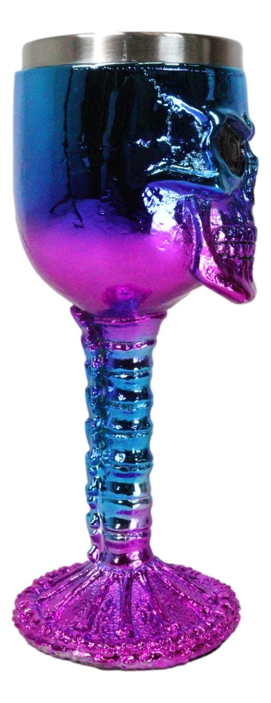 Metallic Blue And Pink Plated Skull With Skeleton Spine And Bones Wine Goblet - Ebros Gift