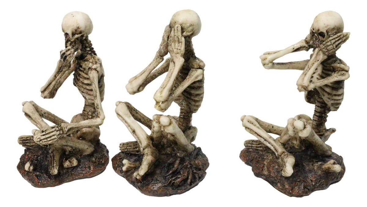 See Hear Speak No Evil Skeleton Figurines Set of 3 Wise Skeletons in Seated Pose