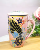 Japanese Fan Festival 15oz Porcelain Tea Mug With Lid & Stainless Steel Infuser