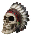Gothic Native American Chief Skull Figurine with Tribal Feather Headdress 4.5"H