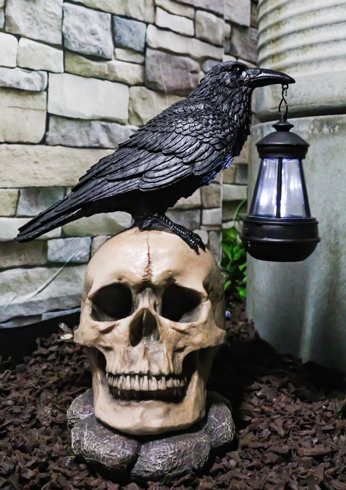 Ebros Edgar Corvus Raven Perching On Rose Skull Statue With Solar LED Lantern Light - Ebros Gift