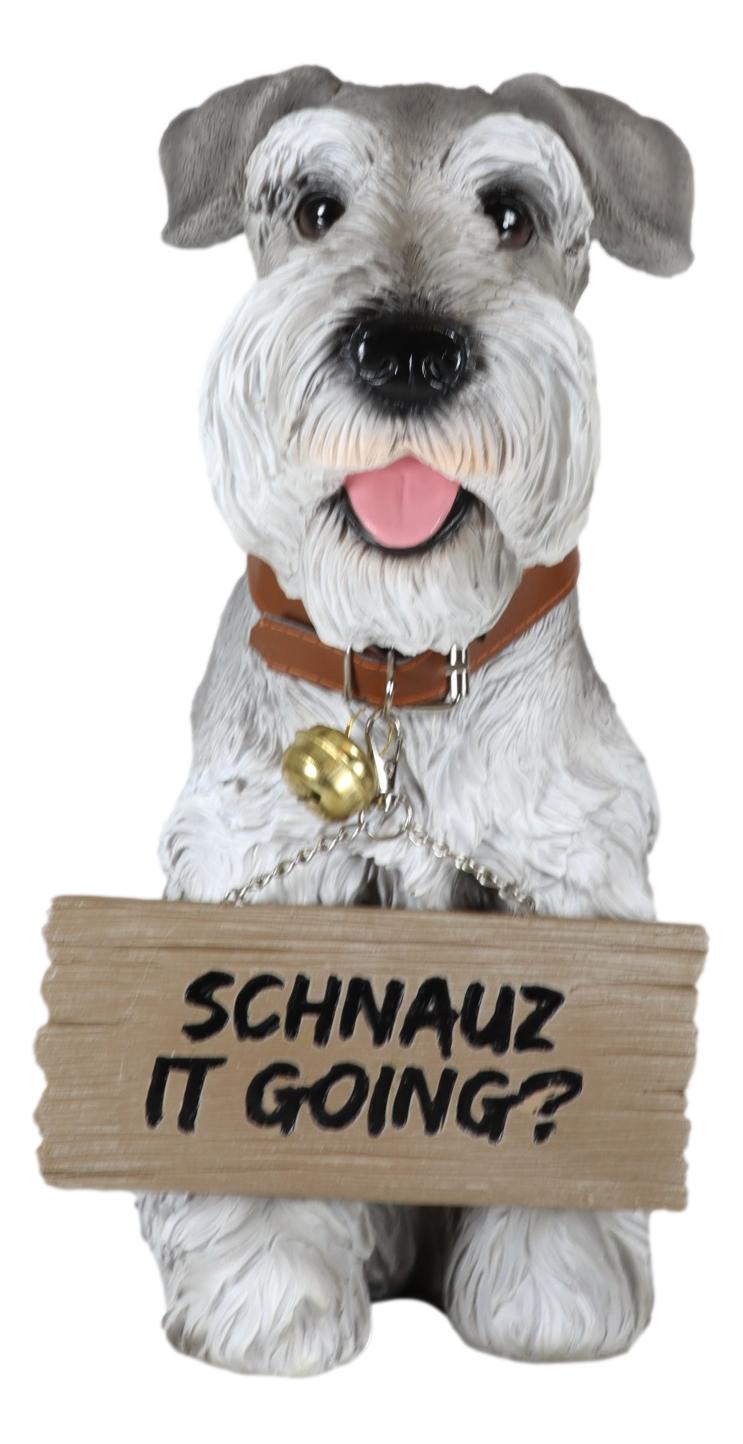 Adorable Grey Schnauzer Dog Sitting With Jingle Collar Greetings Sign Statue - Ebros Gift