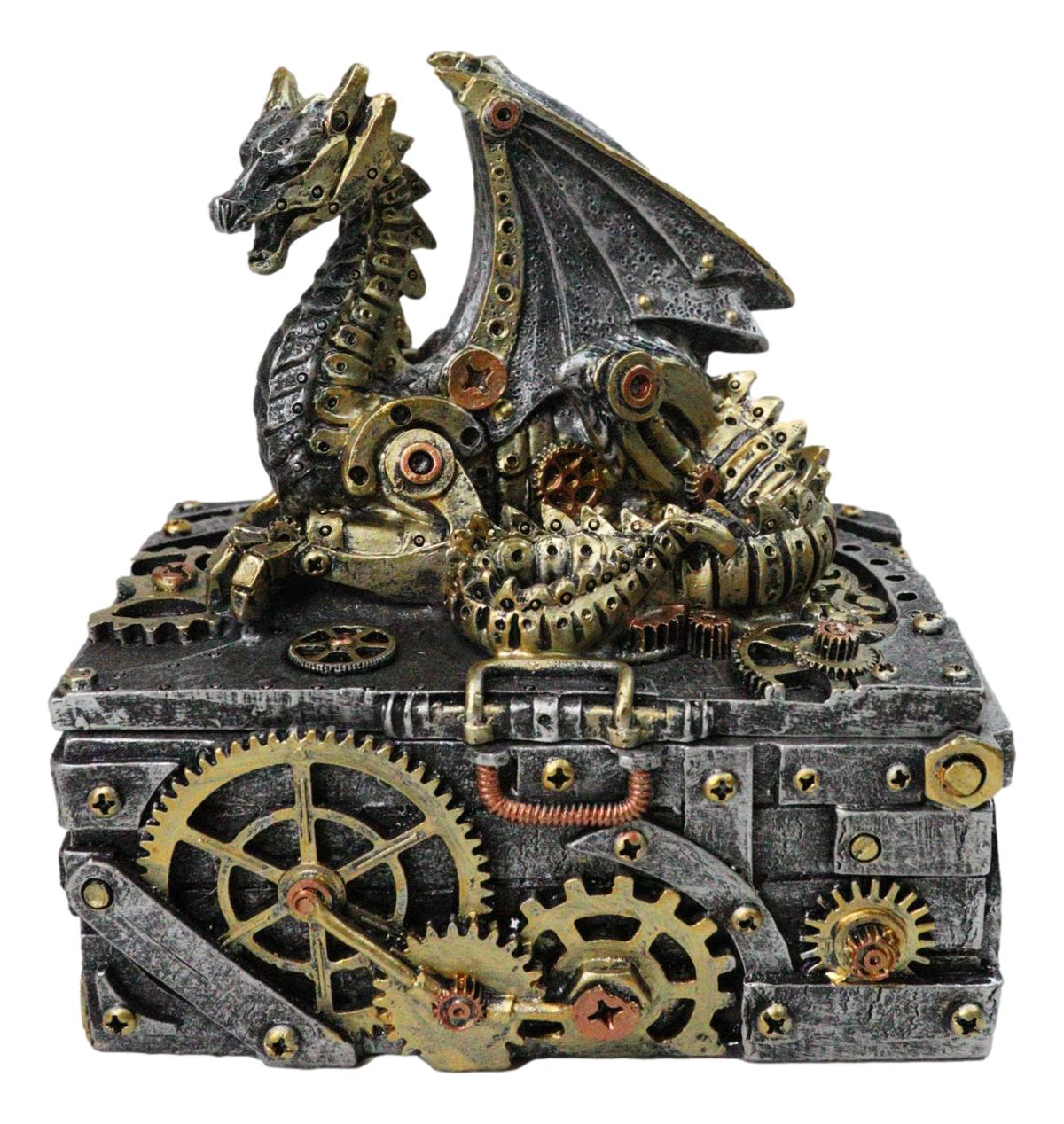 Steampunk Dragon Trinket Box Faux Gears & Pipes Clockwork Mechanical Sculpture