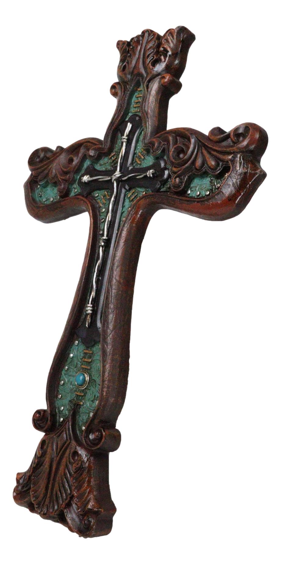 Rustic Faux Wood Carving Floral Scroll With Layered Barbed Wires Wall Cross
