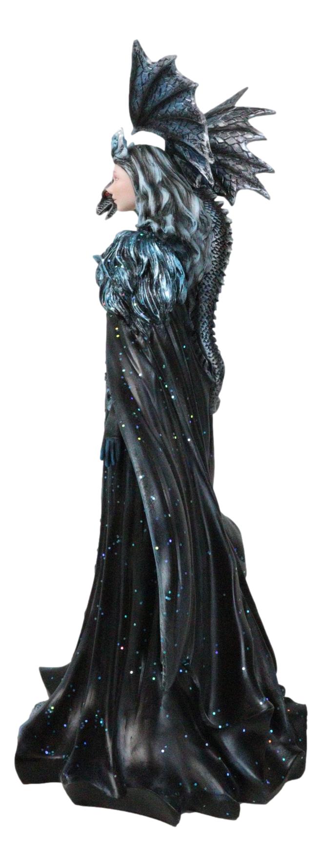 Large Gothic Necromancy Black Dragon Witch Dark Queen In Long Gown Statue