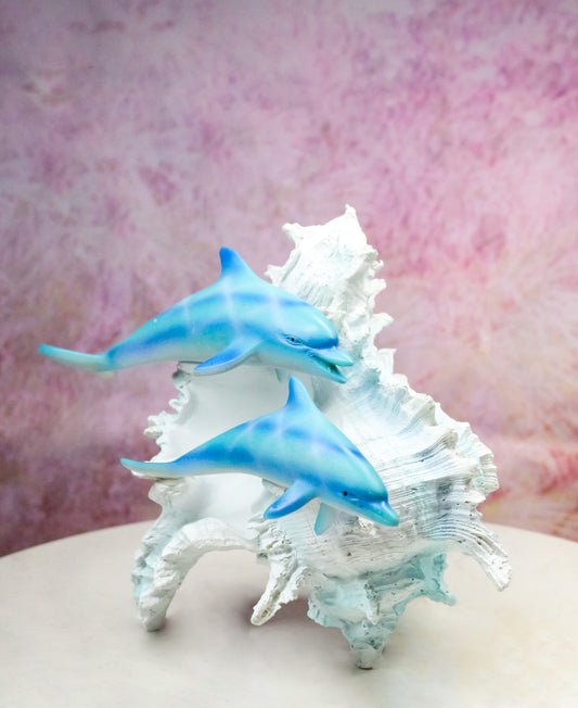 Nautical Marine Sea Blue Dolphins Swimming By Ocean Seashell Conch Figurine