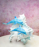 Nautical Marine Sea Blue Dolphins Swimming By Ocean Seashell Conch Figurine