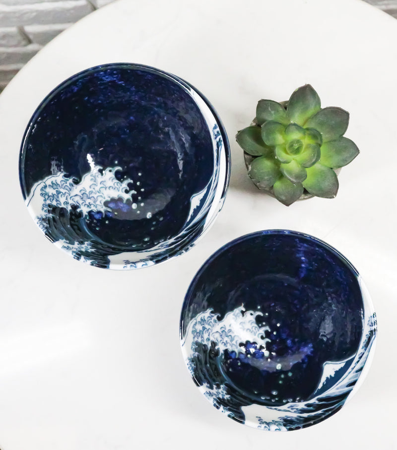 Set Of 4 Blue Japanese Hokusai Great Wave Porcelain Soup Rice Dessert Bowls 11oz