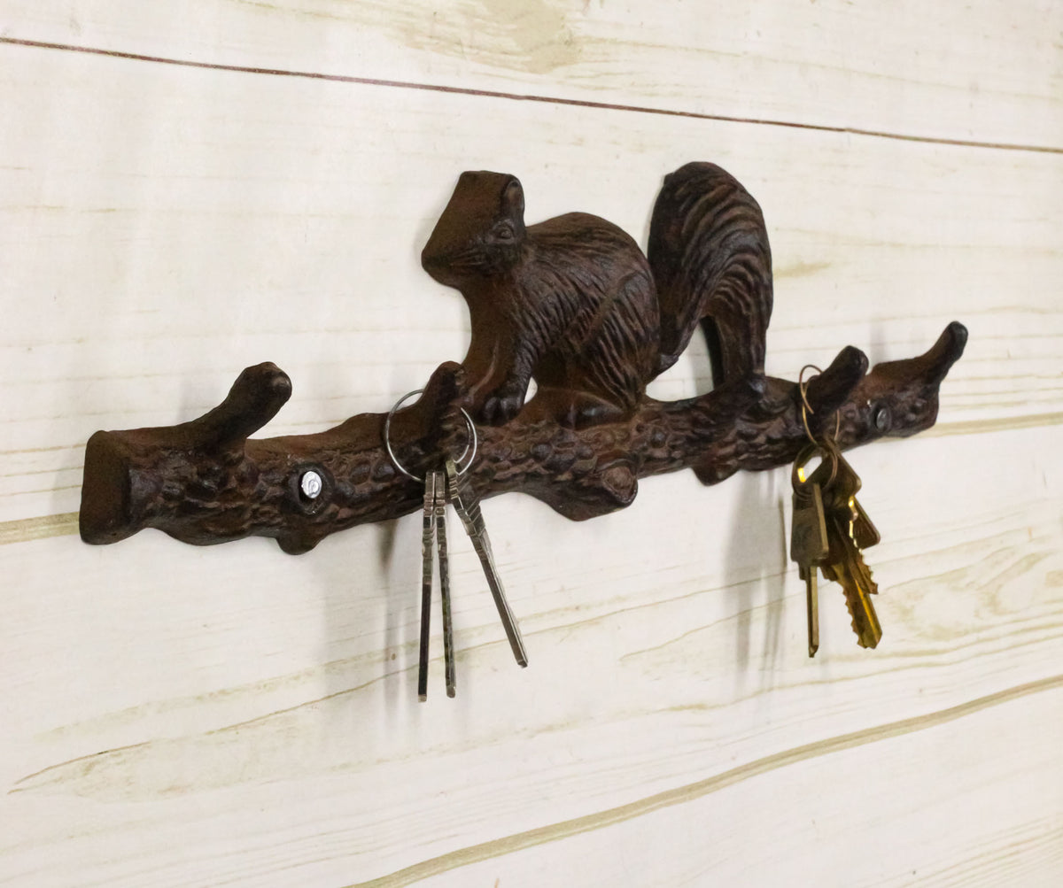 Rustic Cast Iron Playful Squirrel Perching On Tree Branch 4-Peg Wall Hooks Decor - Ebros Gift