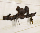 Rustic Cast Iron Playful Squirrel Perching On Tree Branch 4-Peg Wall Hooks Decor