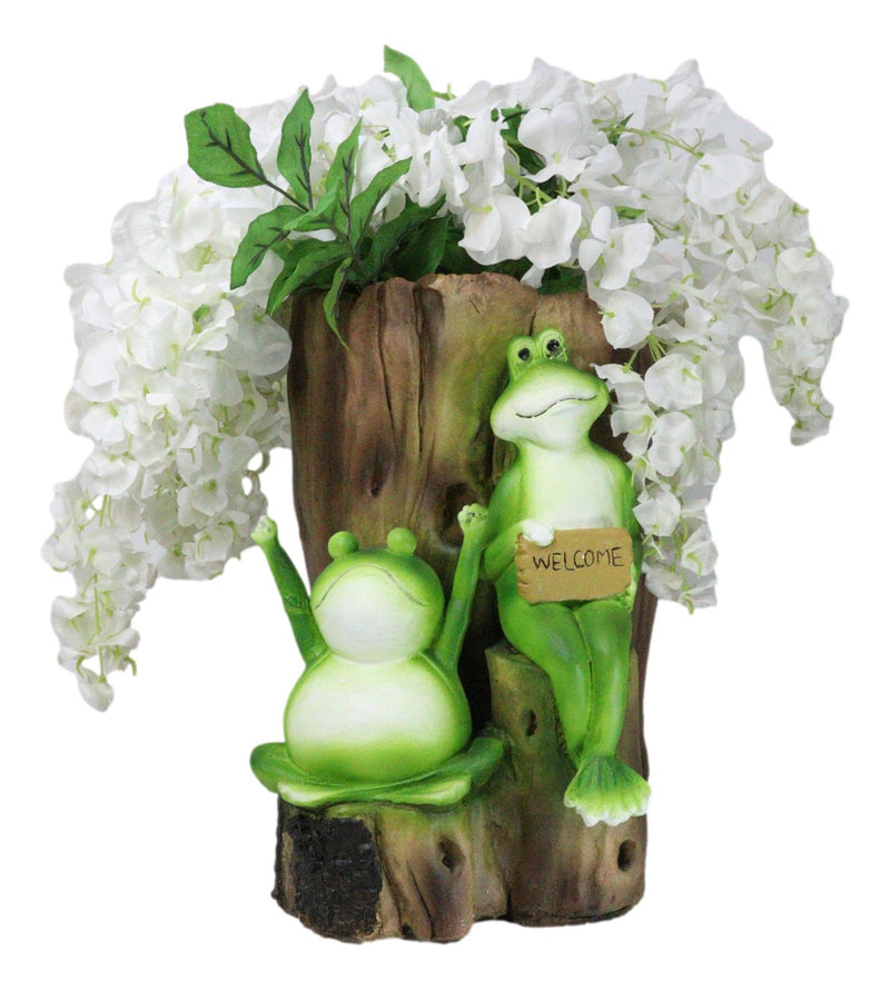 Whimsical Green Frogs Welcome Sign Decorative Floral Vase Or Planter Figurine